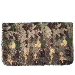 BCBGMAXAZRIA Sequin Camo Foldover Clutch Wallet Green Gold Brown Black Large NYE